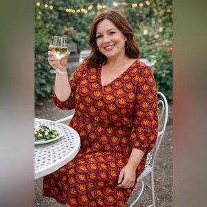 Lesley Evers Geo Tulips Print Orange & Red Knee Length Cotton Dress - Size XL